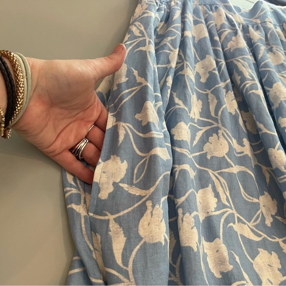 A New Day Blue & White Floral Linen Blend Paper Sack Maxi Dress w/ ruffles; L - Picture 4 of 14